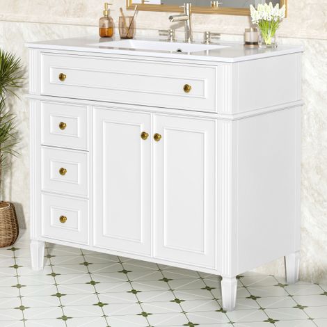 Tocador de 36 pulgadas con lavabo, mueble de madera maciza blanca con cajón abatible, 3 cajones y 2 puertas de cierre suave, tiradores dorados y diseño moderno, enviado en dos paquetes (1/5)