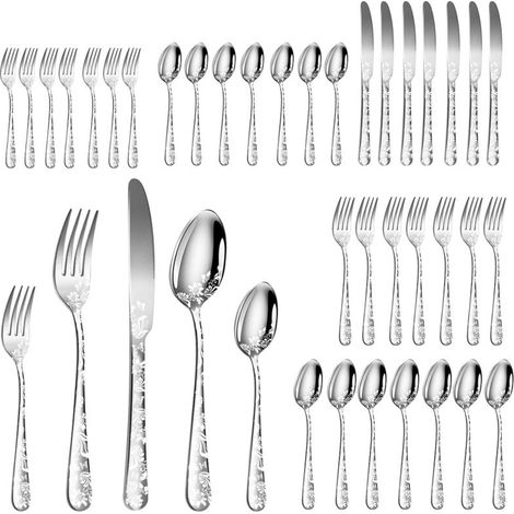 Ensemble d'argenterie en acier inoxydable 40 pièces, couverts polis miroir, 8 couteaux, 8 fourchettes, 8 cuillères, 8 fourchettes à thé, 8 cuillères à café pour la cuisine, le restaurant, la fête,Silv