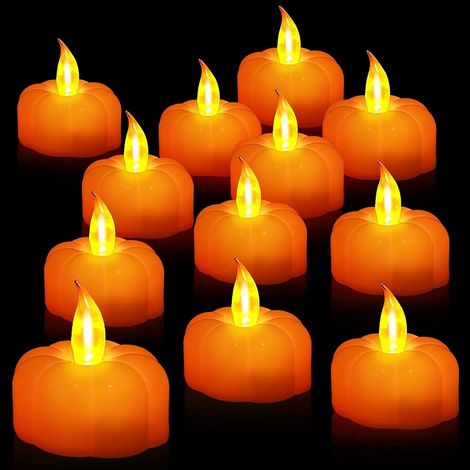 Lot 12 bougies LED chauffe-plat, flamme scintillante, piles CR2032 incluses, déco automne Thanksgiving intérieur/extérieur (1/5)