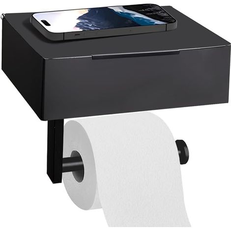 Portarrollos de papel higiénico negro - No requiere taladros - Portarrollos de papel higiénico - Con dispensador de toallitas húmedas - Autoadhesivo - Para baño - Con taladros (1/5)