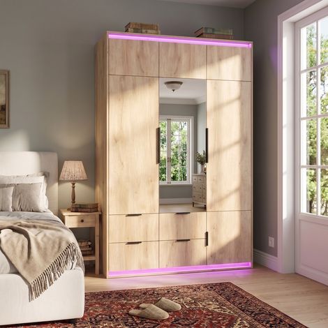 Armoire 3 portes miroir éclairage LED, 135x47x200 cm 1 tringle 4 tiroirs 7 compartiments, armoire chambre moderne anthracite chêne, coloris anthracite et chêne (1/5)