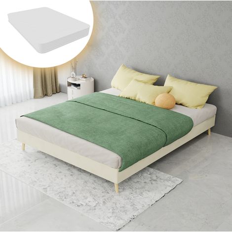 DESVIAE Cadre de lit plateforme 140 x 200 cm beige en tissu et métal design moderne structure stable avec matelas montage facile (1/5)