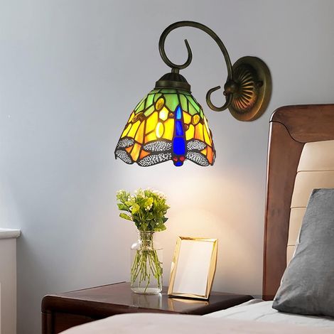 Applique murale LED style Tiffany avec interrupteur à tirette vintage Tiffany avec base en métal antique E27 - Abat-jour en verre - Décoration murale pour restaurant, chambre à coucher, couloir (1/5)