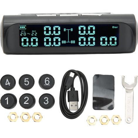 Moniteur de pression des pneus à 6 roues, DC 5V, Signal Stable, affichage LCD, alarme précise, avertissement sonore, 8 bars, TPMS solaire pour camion RV (1/5)