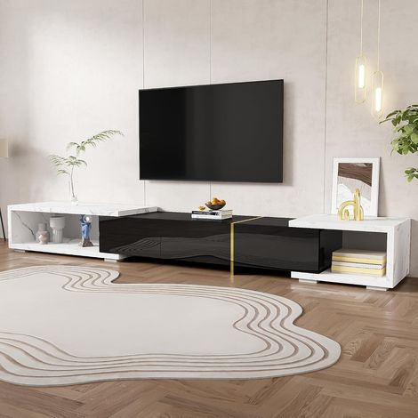 Meuble TV bas pivotant, aspect marbre noir, finition mate et brillante, 140 x 40 x 30 cm, MDF et contreplaqué, noir et blanc (1/5)