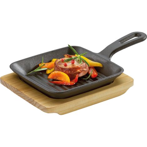 Mini padella grill Kuchenprofi con supporto, 23 x 13,5 x 5,5 cm, ghisa/legno di pino