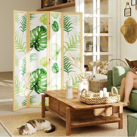 Biombo plegable de 4 paneles con motivo tropical verde y marco de madera (1/5)
