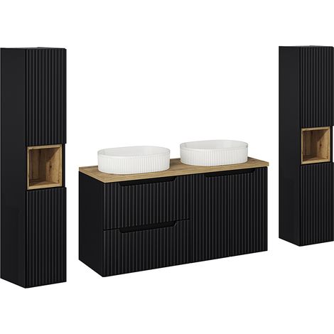 Badmöbel Set 3-teilig, 120cm Waschtisch, in schwarz mit Eiche, gerillte Front, NEWPORT-56-BLACK (1/5)