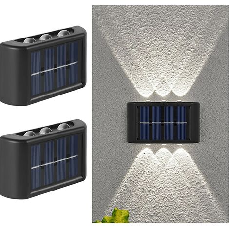 (Lot de 2 lampes solaires à 6 LED blanches) Applique murale extérieure d'ambiance, éclairage orientable vers le haut et vers le bas, idéale pour jardin, terrasse, balcon, camping et décoration. (1/5)