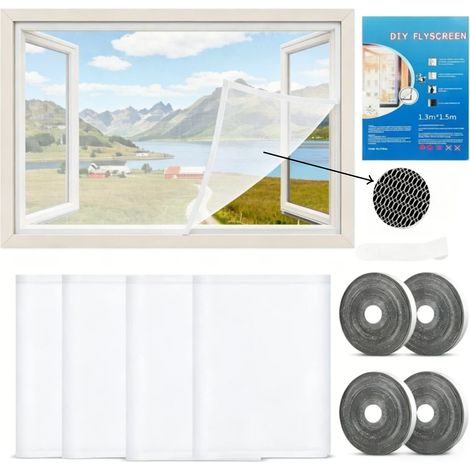 Moustiquaire cryptée à monter soi-même pour fenêtres, 4 pièces, avec Velcro, matériau polyester, moustiquaire auto-adhésive, 130 x 150 cm, blanche. (1/5)