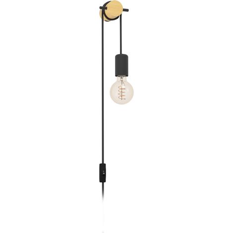 EGLO Wandlampe innen Buddon, Wandleuchte Vintage Natur, Wandbeleuchtung mit Stecker und Schalter, helles Holz und schwarzes Metall, FSC zertifiziert, E27 Fassung (1/4)