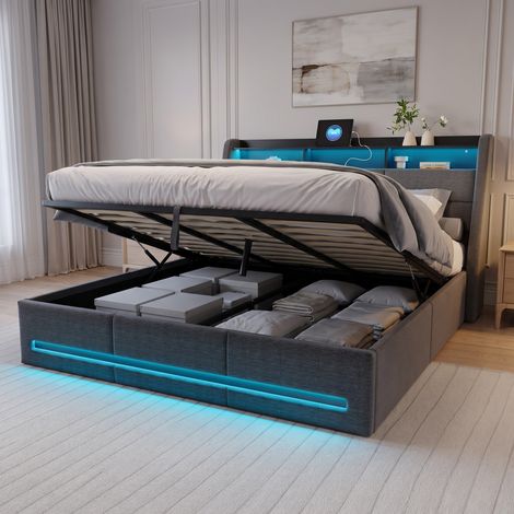 Lit coffre 140x190 cm, sommier lattes, lit double avec rangement, tĂŞte de lit Ă©tagĂ¨re avec prises USB et LED rgb - Gris foncĂ© (1/5)