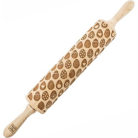 Rodillo de madera MoodForWood, grabado, 43 cm con asas, perfecto para hornear - Diseño de huevo de Pascua (1/5)
