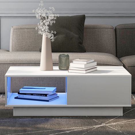 Tavolino da caffè lucido con illuminazione a LED a 15 colori, tavolo da soggiorno con ampio spazio di archiviazione e cassetto, bianco (1/4)
