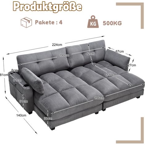 Canapé 2 places velours côtelé gris, convertible en 2 fauteuils séparés, avec 2 coussins, 4 supports de verres, 4 poches latérales, ports USB sur accoudoirs, idéal salon, chambre, bureau. (1/5)