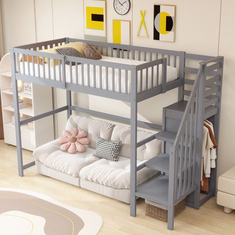 Lit mezzanine, en bois, avec étagère, gris, pour maison et usage quotidien, cadre stable, confort chambre, format pratique