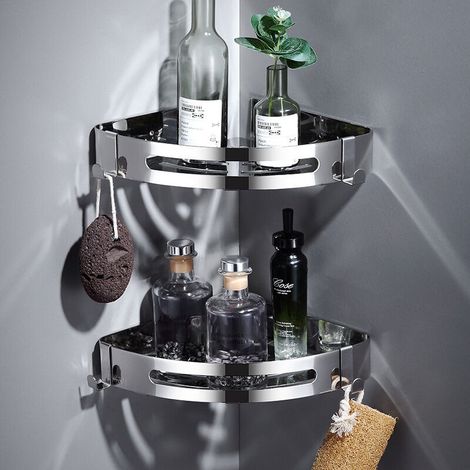Étagère de douche, Rangement de douche, Étagère de salle de bain en acier inoxydable avec 2 crochets - Étagères et rangements de douche RWE (1/5)