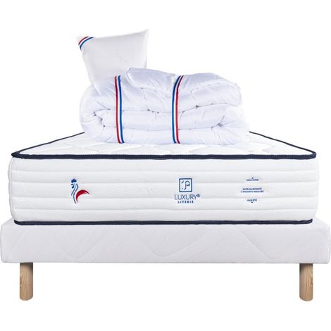 Ensemble Matelas Patriote, 27 cm, ressorts ensachés, ferme, face été/hiver + sommier blanc ep 13cm + oreiller + couette, 90x190cm (1/5)