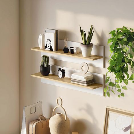 Juego de 2 estantes de pared, estantes flotantes, estantes de pared, estantes de exhibición, para cocina, sala de estar, blanco + madera natural (1/5)