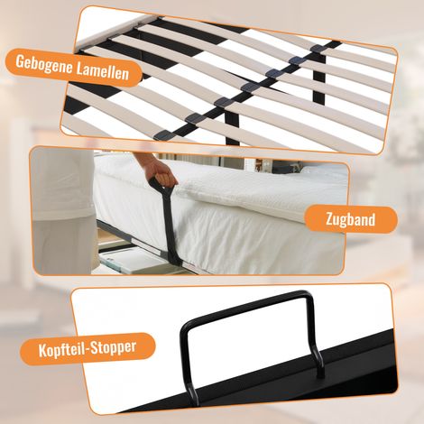 Lit hydraulique 160x200 cm capitonné beige avec rangement intégré, porte-verre et chargeur USB cachés, sommier à lattes fourni, tissu lin, sans matelas (1/5)