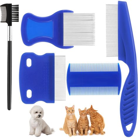 Lot de 5 peignes anti-puces en acier inoxydable avec dents arrondies pour chats et chats, peigne à poils épais, peigne à dents fines pour chien et chat (1/5)