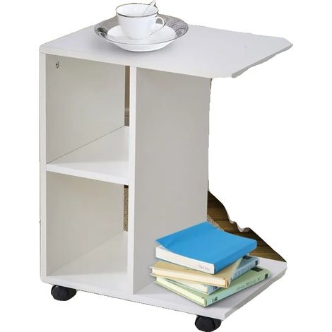 Table basse, bois, 45 cm x 35 cm x 58 cm, design en C, étagères intégrées, mobilité facile (1/5)