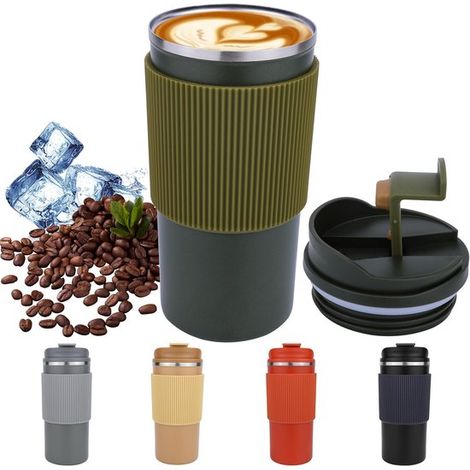 Tazza termica da viaggio per caffè e tè, 480 ml, acciaio inox, verde oliva, a prova di perdite, facile da usare. (1/5)