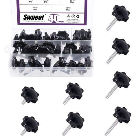 Lot de 40 boutons hexagonaux M6 x 11/15/20/25/30/35/40/50 mm 8 tailles de filetage mâle en métal avec vis de serrage en plastique à visser pour retrait rapide (1/5)