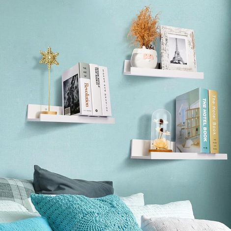 Estantería de pared colgante, juego de 2, decoración para sala de estar, 38 cm de largo, estante flotante, para marcos de fotos, sala de estar, oficina, baño, cocina, blanco brillante (1/4)