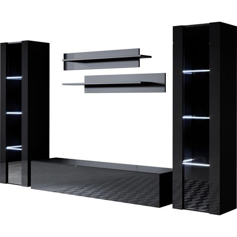 Ensemble de Meubles TV Mur de Rangement Meuble salon Suspendu avec LED Modèle Luke 8B Noir Finition brillante