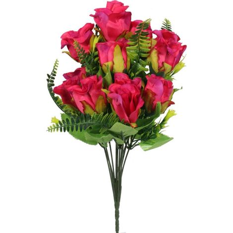 Bouquet artificiale di 10 rose rosa con felci, altezza 40 cm (1/4)