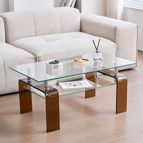 Table Basse Rectangulaire en Verre Trempé avec Piétement en Verre Teinté - 100x55x45cm - Transparent et Marron (1/5)