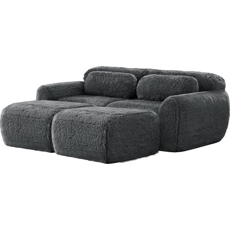 ELVMI Divano Modulare 2 Posti con 2 Pouf, Senza Montaggio, Seduta Ampia e Base Antiscivolo, in Peluche, Grigio (1/5)