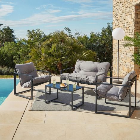Ensemble Mobilier de Jardin 4 Places, avec Coussins Rembourrés, Acier, pour Balcon, Terrasse, Gris
