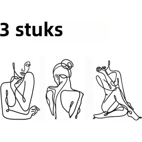 Décoration murale en métal, composée de trois silhouettes. Style épuré, abstrait et féminin. Peinture moderne aux lignes métalliques. Noir. (1/5)