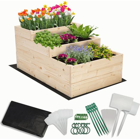 MODO24 Carré potager surélevé en bois, 3 niveaux en cascade, 45x60x93 cm, jardin/terrasse, kit jardinier inclus, naturel