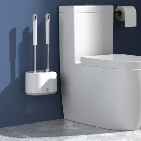 Support mural pour brosse de toilette - Kit de nettoyage salle de bain avec 2 brosses à poils durs, formes rondes et plates, lavable et durable (1/5)