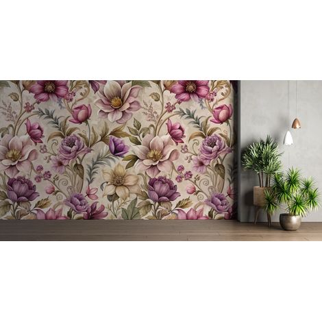 Papier peint fleuri - pivoines baroques violettes - 150 x 250 cm (1/2)