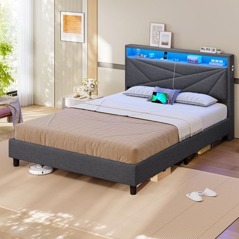 Lit 140x190 avec Sommier, Lit Double avec LED Réglable et Multiprise, Étagères Ouvertes et Rangement sous Sommier, Cadre de Lits 140x190 Capitonné, Lin Gris (1/5)