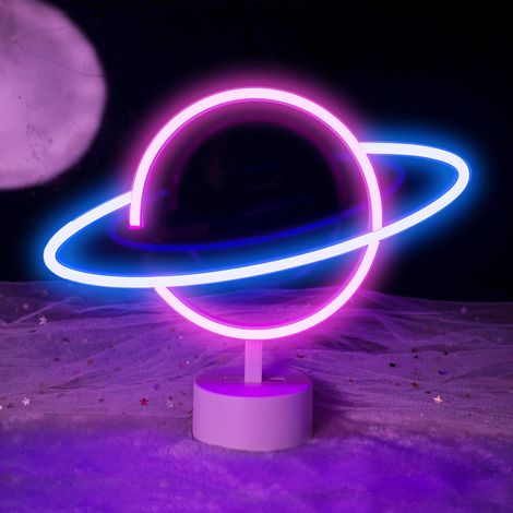 Enseigne lumineuse LED Planète - Décoration murale veilleuse USB/néon à piles - Cadeau anniversaire fête enfants salon