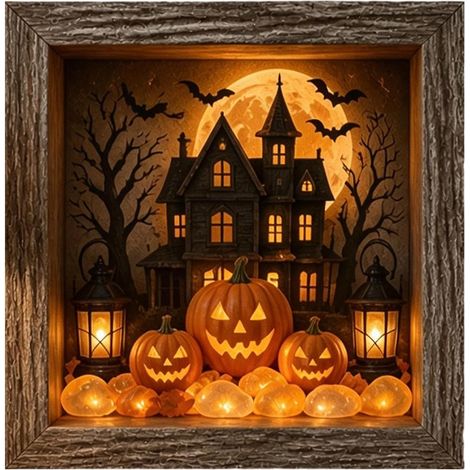 Halloween Erinnerungsbox Fotorahmen Rustikales Holz Beleuchtet Leuchtend Halloween Erinnerungsbox mit Meerglassteinen für , Kaminsims, Tischplatte, Schlafzimmer, , Flur, Büro (1/5)