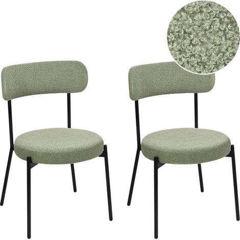 Conjunto de 2 sillas de comedor patas de acero negro con tapas sin reposabrazos bouclé verde claro Allison