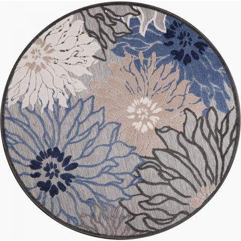 Tapis extérieur kilim Ø150cm bleu et gris rond CHIMEKA