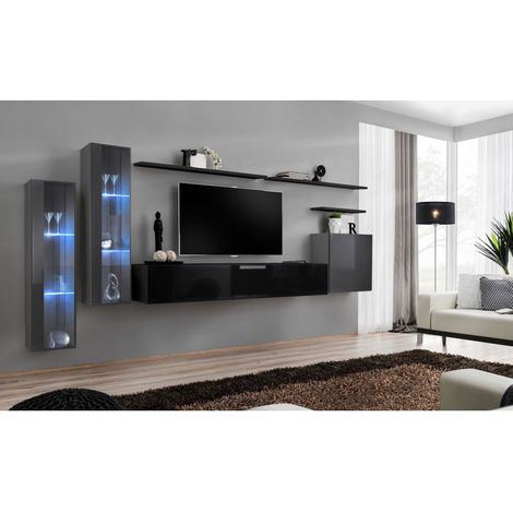 Ensemble mural - Switch XI - 2 vitrines LED - 1 banc TV - 1 vitrine carrée - 3 étagères - Noir et graphite - Modèle 1 - Livraison gratuite