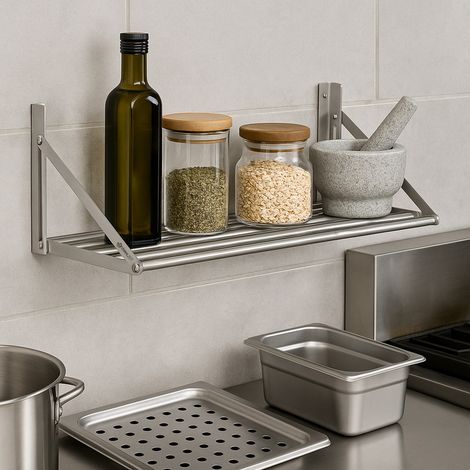Mahlzeit Edelstahl Wandregal, 100 x 30 cm, Klappbares Hängeregal im praktischen Stangendesign