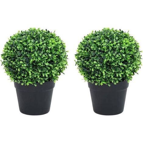 Deux plantes de buis artificielles, avec pots, sphères vertes, 37 cm de haut. (1/5)