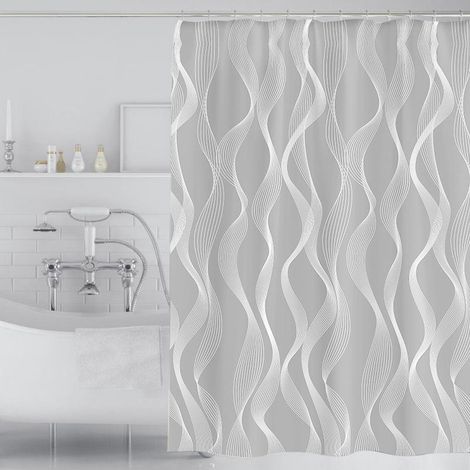 Gewellter Duschvorhang mit weißer Linie und Haken, 180 x 180 cm, wasserdicht und schimmelresistent, waschbarer Polyesterstoff für Badezimmer (1/5)