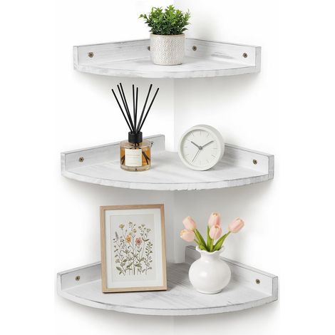Étagères d’Angle Murales en Bois Blanches Style Vintage, Lot de 3 Tablettes indépendantes suspendues, Passe-câble arrière,pour plantes, cadres et déco, salle de bain, cuisine, chambre (1/5)