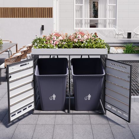 Meuble poubelle avec bac à plantes imitation bois, armoire jardin fer avec serrure, trous aération, 2 en 1