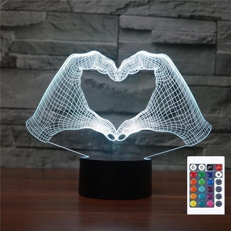 Veilleuse 3D illusion de main en forme de cœur avec télécommande 16 couleurs optique USB LED pour décoration de chambre d'enfant [Classe énergétique E]